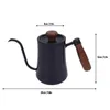 A black coffee kettle with a wooden handle and lid, shown against a white background with measurement indicators. Podgląd zdjęcia produktu