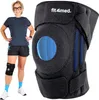 A woman is shown wearing a knee brace, with a close-up of the knee brace next to her. Produktbild-Vorschau