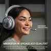 A woman wearing a headset, with text overlays highlighting product features. Produktbild-Vorschau