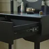 A close-up view of an open drawer on a black vanity table, showing the drawer slides and the interior of the drawer. Voir les images du produit