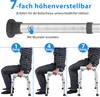 A shower stool shown in different height settings with a diagram illustrating height adjustment. Produktbild-Vorschau