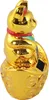 A golden lucky cat figurine sits on a golden oval base decorated with coin motifs. Produktbild-Vorschau