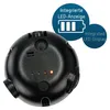 A black spherical e-bike battery with integrated LED indicators and text overlays describing its features. Produktbild-Vorschau