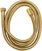 A coiled golden shower hose with brass fittings and green accents on a white background. Náhled obrázku produktu