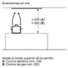 Diagram showing installation dimensions for a range hood above a stovetop. Produktbild-Vorschau