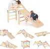 A collage of images showing a wooden climbing triangle set for children, with different configurations and children playing on it. Produktbild-Vorschau