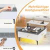 A coffee table with its top lifted, revealing storage compartments, in a living room setting. The image also shows close-ups of the table's surface and cleaning process. Produktbild-Vorschau