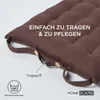A close-up of a brown seat cushion with text overlays and icons. Anteprima dell’immagine prodotto