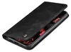 A black flip case for a smartphone is shown open, revealing the phone's screen with a red and black abstract image. Produktbild-Vorschau
