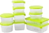 A collection of clear plastic food storage containers with green lids, arranged in a group. Náhled obrázku produktu