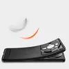 A black phone case is shown with a feather and an orange curve to illustrate its lightness and flexibility. Produktbild-Vorschau