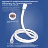 A white shower hose with text overlays describing its features. Produktbild-Vorschau