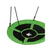 A green and black round swing seat suspended by black ropes against a white background. Voir les images du produit