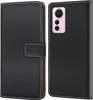 A black flip-style phone case is shown open, revealing the inside and the back of a phone with a pink camera module. Produktbild-Vorschau