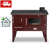 A maroon kitchen stove with a black top and a glass window on the front door, set against a white background. There are promotional overlays in the top left and left side of the image. Produktbild-Vorschau