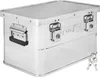A silver aluminum storage box with two locks and keys is shown against a white background. Produktbild-Vorschau