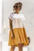 ASKSA Damen Kurzarm Kleid Colorblock Rüschen Rundhals Produktbild-Vorschau 2