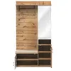 A hallway furniture set with a mirror, coat hooks, a bench with a seat, and shoe storage. Produktbild-Vorschau