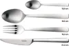 A set of cutlery including a small spoon, a large spoon, a fork, and a knife, with measurements indicated. Produktbild-Vorschau