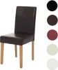 A single dining chair with wooden legs, shown in brown faux leather. To the right of the chair are circular swatches of different available colors for the chair's upholstery. Podgląd zdjęcia produktu