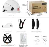 A collage of images showing a safety helmet and its accessories, along with packaging and dimensions. Produktbild-Vorschau