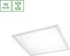 A white square LED panel light is shown from a diagonal angle against a white background. Two green boxes with white text are in the top left corner. Produktbild-Vorschau