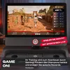 A treadmill with a screen displaying a running game, with promotional text overlayed. Produktbild-Vorschau