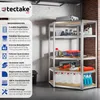 A metal shelving unit filled with various items, presented in a garage or workshop setting, with a text overlay detailing product features. Náhled obrázku produktu