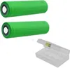 Two green batteries and a clear plastic battery case are shown against a white background. Produktbild-Vorschau