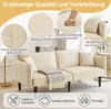 A beige sofa with pillows and a blanket, with text overlays highlighting features. Voir les images du produit