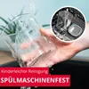 A hand holding a glass under running water, with an inset image of a glass container in a dishwasher. Produktbild-Vorschau