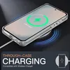 A clear phone case is shown on a wireless charger, with the phone displaying a charging icon and percentage. Produktbild-Vorschau
