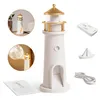 A collage of images showing a lighthouse-shaped lamp and its accessories. Produktbild-Vorschau