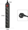 A black power strip with six outlets and a red switch, shown with dimensions indicated by dashed lines and text. Voir les images du produit