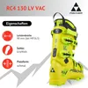 A yellow ski boot with product specifications listed next to it. Voir les images du produit