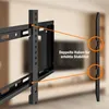 Close-up view of a TV wall mount bracket, highlighting its stability features with orange lines and text. Produktbild-Vorschau