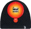A black knitted beanie with a large circular tag attached. Produktbild-Vorschau