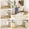 A collage of images showing a white petal-shaped chair with gold legs from multiple angles, including one image of a woman applying makeup while sitting on it. Podgląd zdjęcia produktu