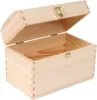 An open wooden chest with a brass latch and hinges, shown against a white background. Produktbild-Vorschau