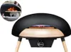 A black gas pizza oven with wooden legs is shown against a white background. A smaller inset image shows a pizza cooking inside a similar oven. Produktbild-Vorschau