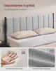 A collage showing a bed frame with a padded headboard, and close-ups of the mattress material and fabric. Produktbild-Vorschau