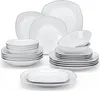 A collection of white ceramic plates and bowls with a thin silver rim, neatly stacked and arranged on a white background. Produktbild-Vorschau