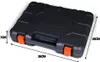 A black tool case with orange latches is shown with dimensions indicated by text overlays. Produktbild-Vorschau