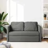 A dark gray sofa bed is shown in a well-lit room with a large plant on the left and a bookshelf on the right. Produktbild-Vorschau