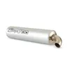 A silver exhaust muffler with black branding, isolated on a white background. Produktbild-Vorschau