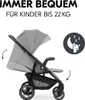 A gray and black stroller is shown on a white background, with text and icons indicating features. Produktbild-Vorschau
