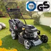 A BRAST petrol lawnmower is shown on a green lawn with yellow flowers in the foreground. Two certification logos are visible in the top right corner. Produktbild-Vorschau