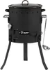A black outdoor cooking pot with a lid, thermometer, and ladle, standing on three legs against a white background. Produktbild-Vorschau