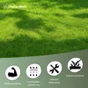 A close-up of a green lawn with shadows, with four circular icons at the bottom detailing product features. Produktbild-Vorschau