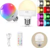 A collage of images showing a rechargeable LED light bulb with a remote control and charging cable, along with various color options. Produktbild-Vorschau